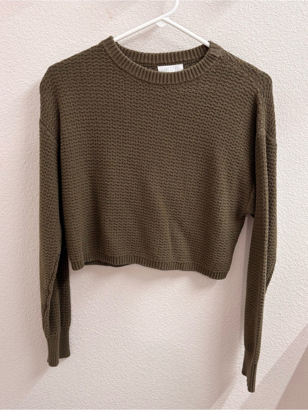 Abound Olive Crewneck Cropped Waffle Sweater • Small
